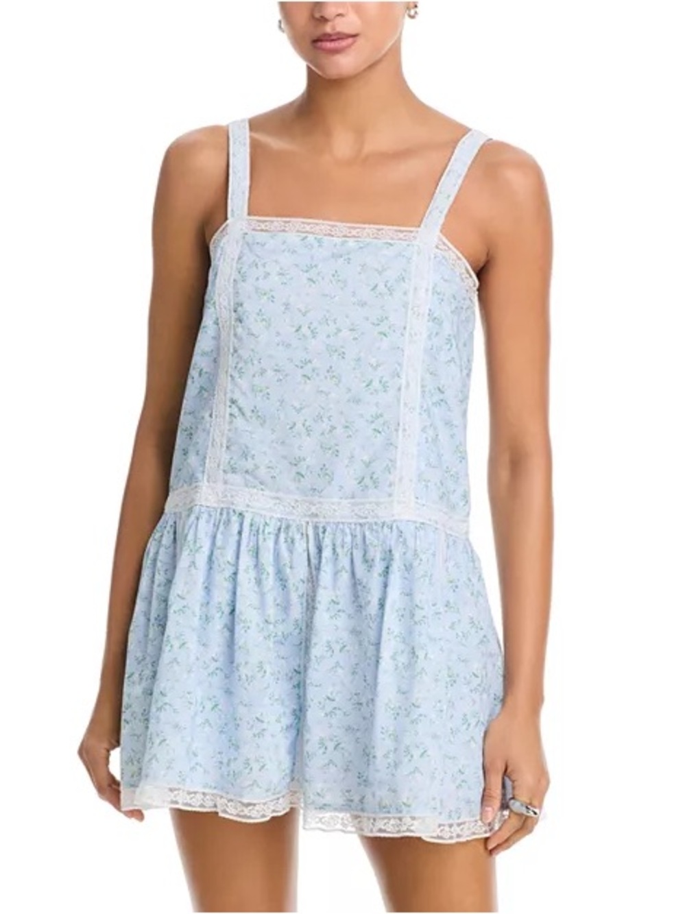 AQUA Light Blue Floral Lace-Trim Camisole Tunic Top